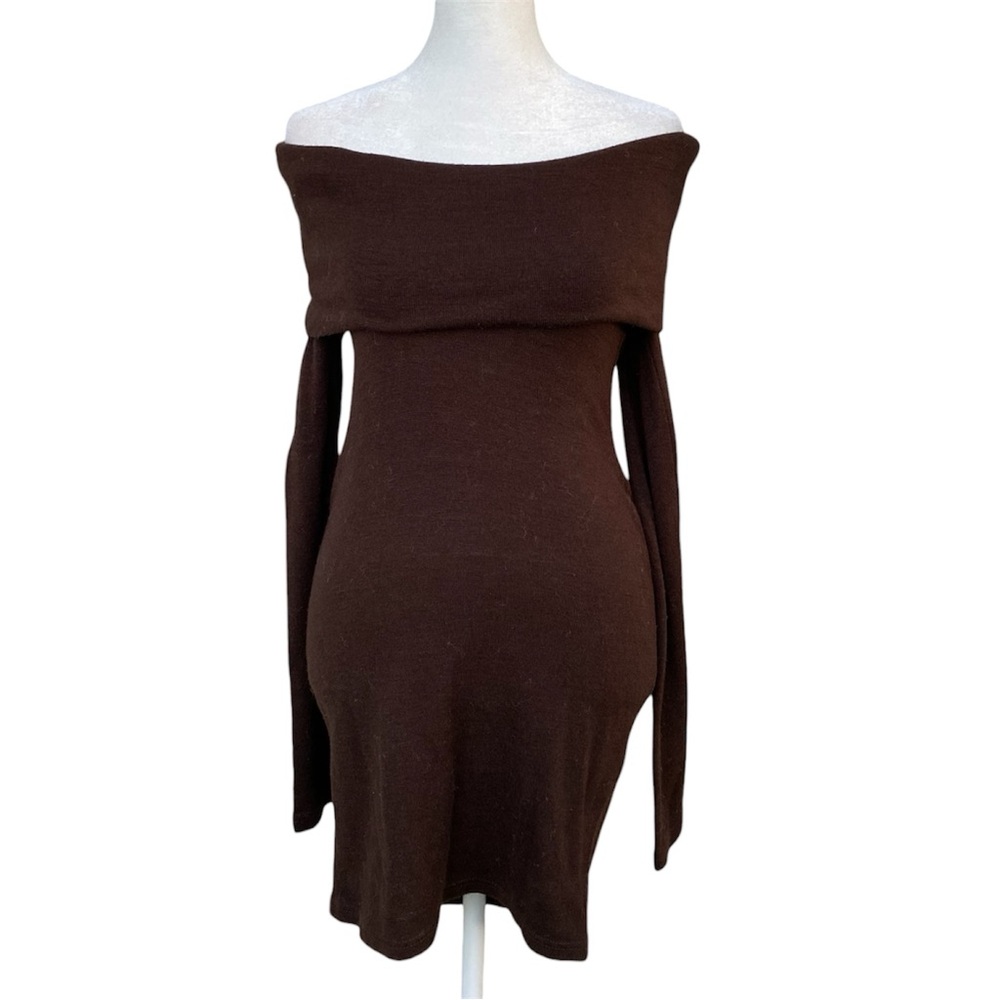 PattyBoutik Brown Off The Shoulder Bodycon Sweater Mini Dress